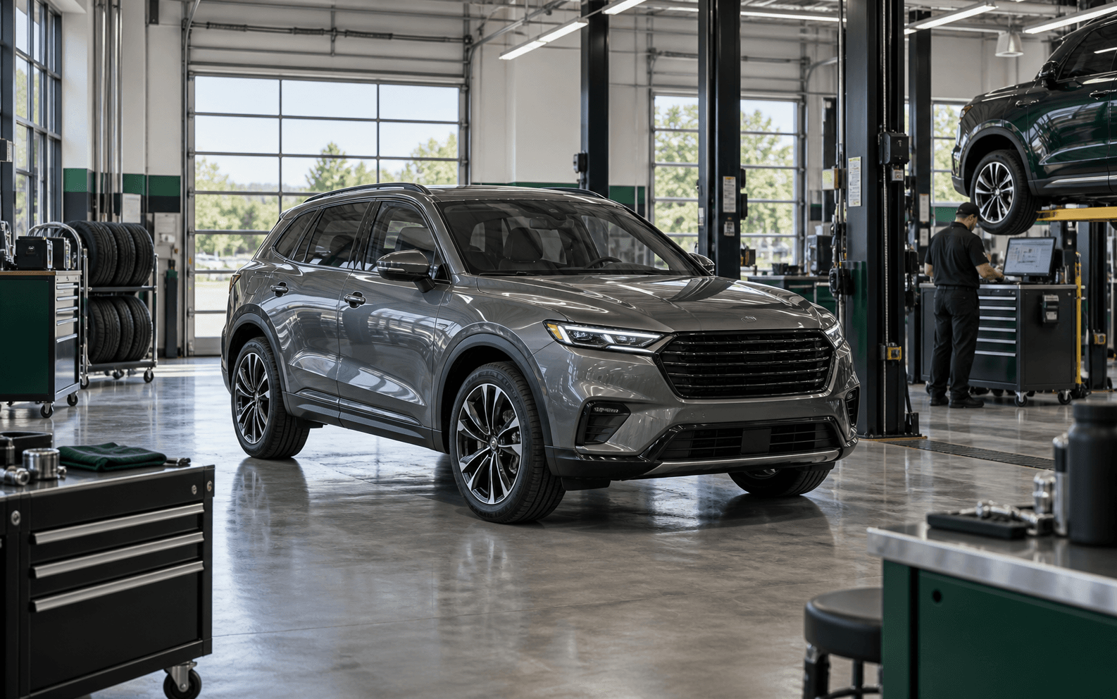 Modern vehicle in a clean automotive service bay